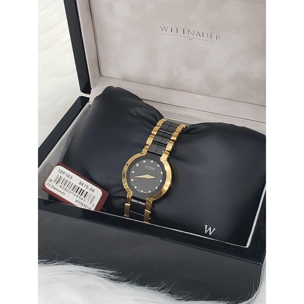 Wittnauer 12P103 Black Ceramic Gold Plated Diamond Women's Watch $675 12 Diamond
